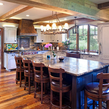 Reclaimed Wood Box Beams on Ceiling in Grand Traditional Kitchen