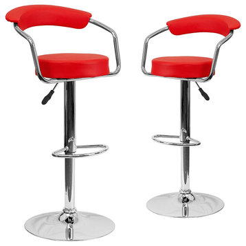 Contemporary Swivel Bar Stool, Vinyl Padded Seat With Adjustable Height, Red