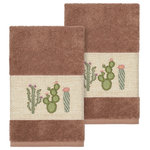 Linum Home Textiles - Mila 2 Piece Embellished Hand Towel Set - The MILA Embellished Towel Collection features whimsical blooming cactus in applique embroidery on a woven textured border. These soft and luxurious towels are made of 100% premium Turkish Cotton and offer lasting absorbency and superior durability. These lavish Turkish towels are produced in Linum�s state-of-the-art vertically integrated green factory in Turkey, which runs on 100% solar energy.
