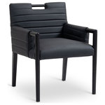 Meridian Furniture - Aimee Upholstered Dining Arm Chair, Black, Vegan Leather, Black - A perfect fusion of modern elegance and eco-friendly luxury is the Aimee black vegan leather dining armchair. Upholstered in sleek vegan leather, this chair offers a chic, contemporary look while maintaining a commitment to sustainable living. The padded, quilted design featuring solid black wood legs and armrests creates a stunning contrast between its soft upholstery and minimalist frame.