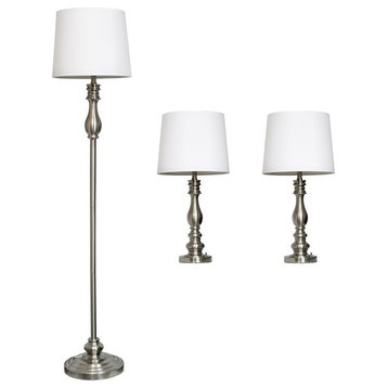 Elegant Designs Brushed Steel 3-Pack Lamp Set, 2 Table Lamps, 1 Floor Lamp