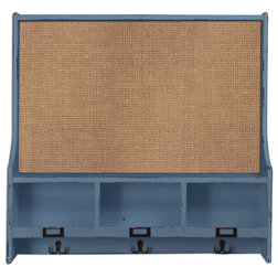 Farmhouse Bulletin Boards And Chalkboards Wood Chalkboard Organizer With 3 Cubbies and Coat Hooks, Blue-Gray, Burlap