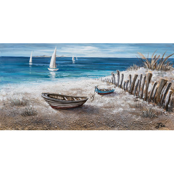 "Boats on the Sand" Hand Painted Canvas Art, 55"x27.5"