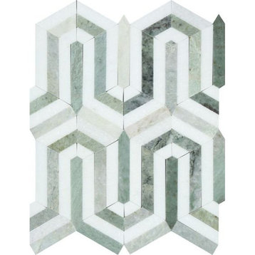 Thassos White Marble Polished Berlinetta Mosaic Tile w / Ming-Green Dots