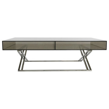 Cartia Coffee Table, 8mm Smoked Glass Top, Polished Stainless Steel Frame