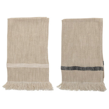 Woven Cotton Striped Tea Towels With Tassels, Set of 2