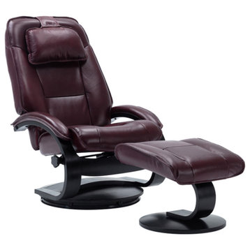 Brampton Recliner and Ottoman with Pillow in Merlot Top Grain Leather