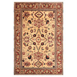 Bareens Designer Rugs - Tribal Heriz Ziegler Frank Beige Red Hand-Knotted Rug - 6'5'' x 8'5'' - Enhance the ambiance of your home with this magnificent Persian-influenced Turkish hand-knotted rug made by skilled artisans capable of creating the most exceptional vegetable dyes and hand-spun wool. This exquisite handmade rug is a one-of-a-kind Peshawar Kafkaz, otherwise identified as Chobi, Chobi Peshawar, Oushak, or Ziegler rug. These handmade rugs are crafted in Pakistan utilizing superior-quality wool imported from Australia, New Zealand, and Korea in two types of weaves: the Persian weave and the Mori weave. This rug is meticulously crafted by hand using the finest natural vegetable dyes extracted from local plants. The artisans use a blend of hand-spun local and fine merino wool, resulting in a rug with a compelling texture, higher lanolin content, and longer staple. The artisans occasionally incorporate natural or artificial silk into the pile to enhance specific motifs. The finished product is an awe-inspiring execution of flawless design and an understated palette that exudes elegance.