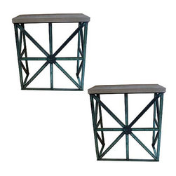 Pair of Antique Bronze Base Consoles with Limestone Top - Products