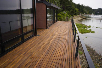 Ejemplo de terraza planta baja minimalista extra grande sin cubierta en patio trasero con barandilla de metal