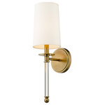 Z-Lite - Mila One Light Wall Sconce, Rubbed Brass - Graceful modern design creates a lift for contemporary bathrooms bedrooms and hallways with this elegant one-light wall sconce. Indulge in an artistic linear silhouette blending rubbed brass finish steel with delicate crystal forming an enticing vertical stem. A fresh white fabric shade seals the classic look of this sconce a perfect solution for a challenge of extra lighting.
