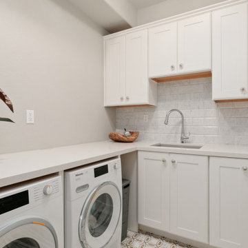 White laundry room, fun floor tile