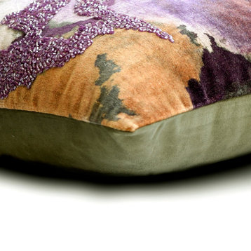 Purple Velvet Printed & Beaded 12"x14" Lumbar Pillow Cover - Purple Abstraction