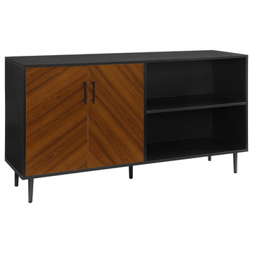 58" Midcentury Modern Bookmatched Doors Asymmetrical TV Stand, Black
