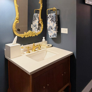 Curated Condo: Powder Room, Ornate Gold Mirror, Navy Walls