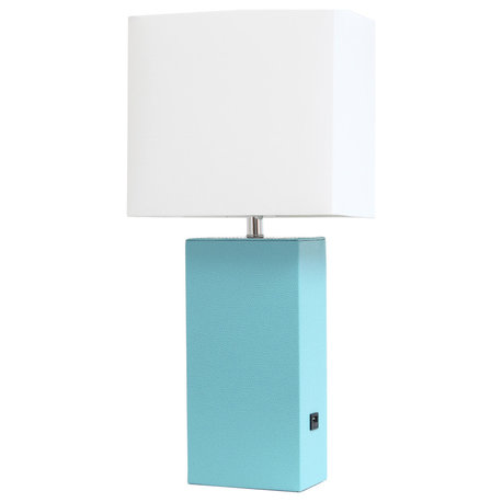 Elegant Designs Modern Leather Table Lamp with USB and White Fabric Shade, Aqua