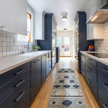 Galley Navy and White Kitchen with Glass French Doors
