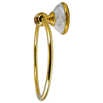 Towel Ring With Arabescato Marbel Accents, Polished Gold
