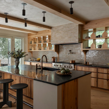 Antique Elm Box Beams, Cabinetry, and Paneling in Wabi-Sabi Lakeside Kitchen