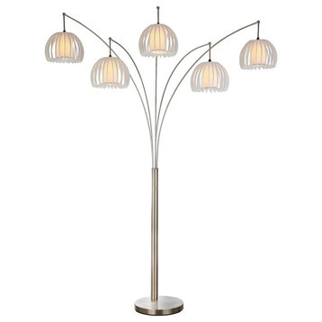 Modern Floor Lamp, Dimmable Design With Arched Satin Steel Base and 5 Shades