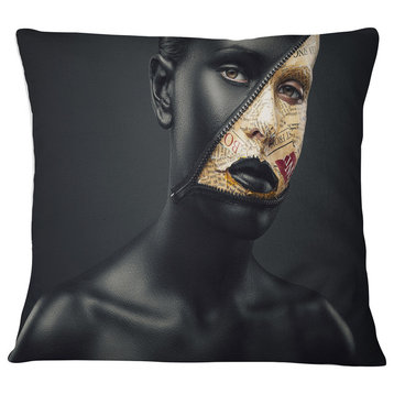 Woman with a Zip on Face Portrait Throw Pillow, 16"x16"