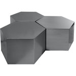 Meridian Furniture - Hexagon Coffee Table, Brushed Chrome, 3 Piece - Customize your modern space with the easy style of this Hexagon modular table three-piece set in brushed chrome metal. Use one table on its own for a handy and stylish spot to hold your drinks or display a framed photo, or add multiple tables together to create even more space for entertaining or playing cards or board games. This metal table is completely customizable to your needs and features a bold hexagon shape for a modish feel.