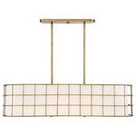 Savoy House - Savoy House 1-8500-5-322 Five Light Linear Chandelier Hayden Warm Brass - The Hayden is a contemporary chandelier with an industrial-inspired aesthetic. The frame features a circular tiered ceiling plate, bold straight downrod, understated finial, and drum-shaped wire cage with three rows of large square openings. This entire textured frame has a wonderful, neutral, warm brass finish a perfect complement to the inner, crisp white fabric shade. Five 60W, E-style bulbs allow plenty of glare-free illumination through the fabric. The fixture is 25`` wide and 10.25`` high, with a 10.25 to 64`` adjustable hanging height, using included extension stems. The Hayden is a comfortable, visually interesting chandelier for your contemporary, industrial, transitional, or modern farmhouse decor.
