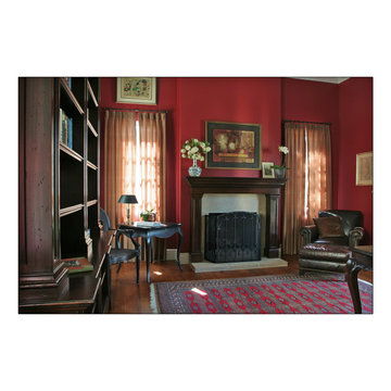 Custom Handcrafted Fire Mantels, Library Cabinets, Desk, Dark Stain Traditional