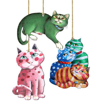 Whimsical Cats wooden Ornament Set of 3