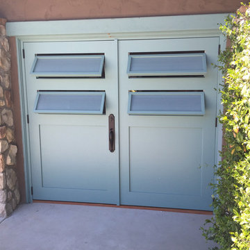 Teal Carriage Doors with Frosted Louvre Windows - Rancho Santa Fe, CA