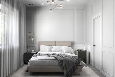 Inspiration for a mid-sized contemporary master porcelain tile, gray floor, exposed beam and wood wall bedroom remodel in Tel Aviv with white walls and no fireplace