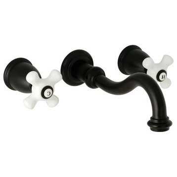 Traditional Wall Mounted Bathroom Faucet, Dual White Crossed Handles, Black