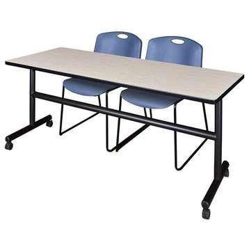Kobe 72" Flip Top Mobile Training Table, Maple and 2 Zeng Stack Chairs, Blue