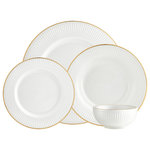 Godinger - Republique Gold 16 Piece Dinnerware Set - With a gleaming gold rim and textured shapes in bone china, this chic dinnerware creates a tablescape of effortless elegance. 10.50D x 0.50H Dinner Plate, 7.50D x 0.50H Salad Plate, 6.00D x 0.50H Appetizer, 16 oz 4.50D x 2.25H Cereal Bowl
