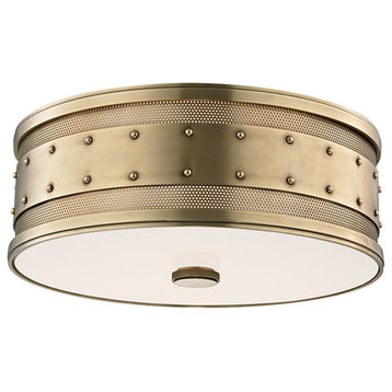 Gaines, 16" Flush Mount, Aged Brass Finsih, Frosted Inside-Clear Outside Glass