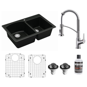 Karran All, One Drop-In Quartz 33" Double Bowl Sink, Black With Faucet