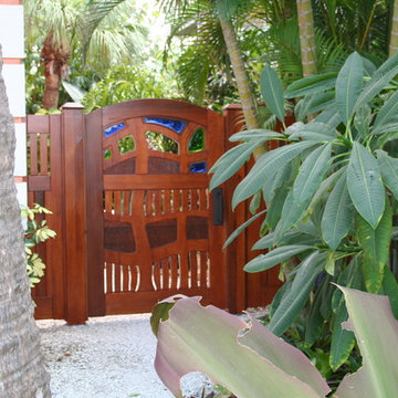 Old growth cypress  garden  gate with fused glass