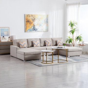 Nolan 124" Linen 4Pc Double Chaise Sectional Sofa with Pillows and Interchangeab