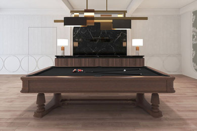 Mid-century modern family room photo in New York