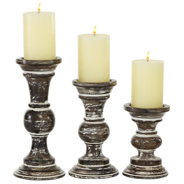 Set of 3 Dark Brown Wood Traditional Candle Holder 31876