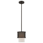 Livex Lighting - Livex Lighting Bronze 1-Light Mini Pendant - Elevate your modern living area with this urban bronze mini pendant featuring a hand crafted hardback oatmeal fabric shade cloaked in stainless steel mesh outer shade.