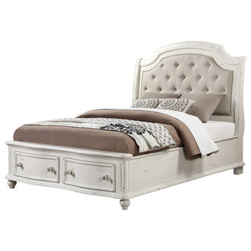 ACME Jaqueline Eastern King Bed, Gray Linen & Antique White Finish