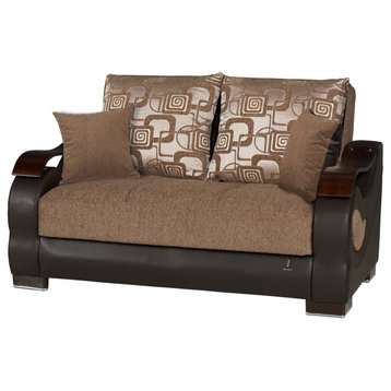 Sleeper Loveseat, Chenille Upholstered Seat With Curved Wooden Arms, Brown