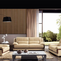 Modern Cream Leather Sofa Set with Wood Trimming - $3193.95 - Living Room Furniture Sets