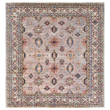 Silver Pink Afghan Super Kazak Organic Wool Hand Knotted Square Rug, 9'5"x9'9"