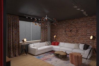 Идея дизайна: большая парадная, двухуровневая гостиная комната в стиле лофт с серыми стенами, паркетным полом среднего тона, горизонтальным камином, фасадом камина из металла и телевизором на стене