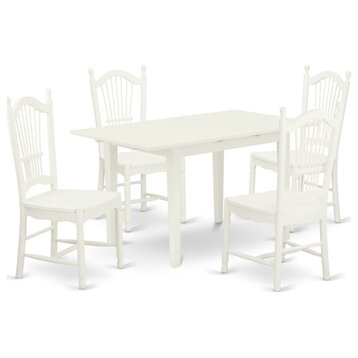 5Pc Kitchen Set 4 Chairs, Butterfly Leaf Wood Dining Table, Linen White