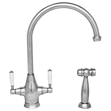 Dual Handle Faucet,Long Gooseneck Spout,Porcelain Lever Handles,Brass Side Spray