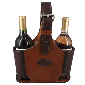 Fine Leather 2 Bottle Wine Carrier, Two Tone Brown