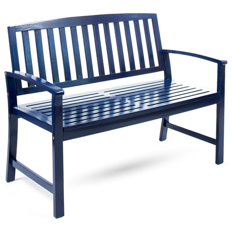 GDF Studio Lola Outdoor Acacia Wood Bench, Navy Blue